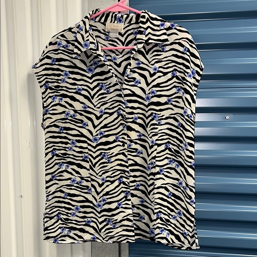 Vintage Zebra & Blue Floral Button Front Top